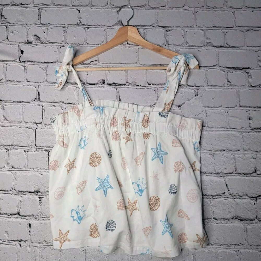 Loft Sleep 100% Cotton White Seashell Print Tie Shoulder Blouse Size L